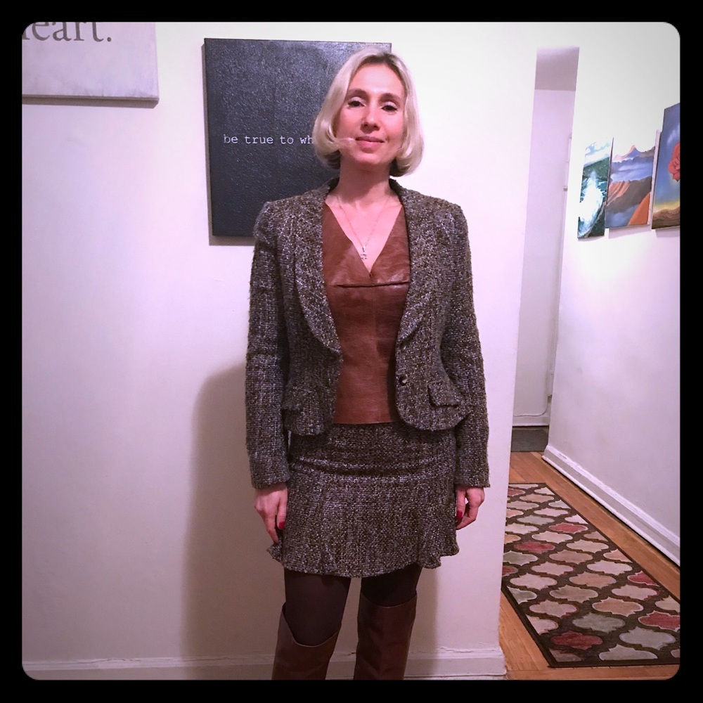Boucle costume- short jacket and mini skirt.